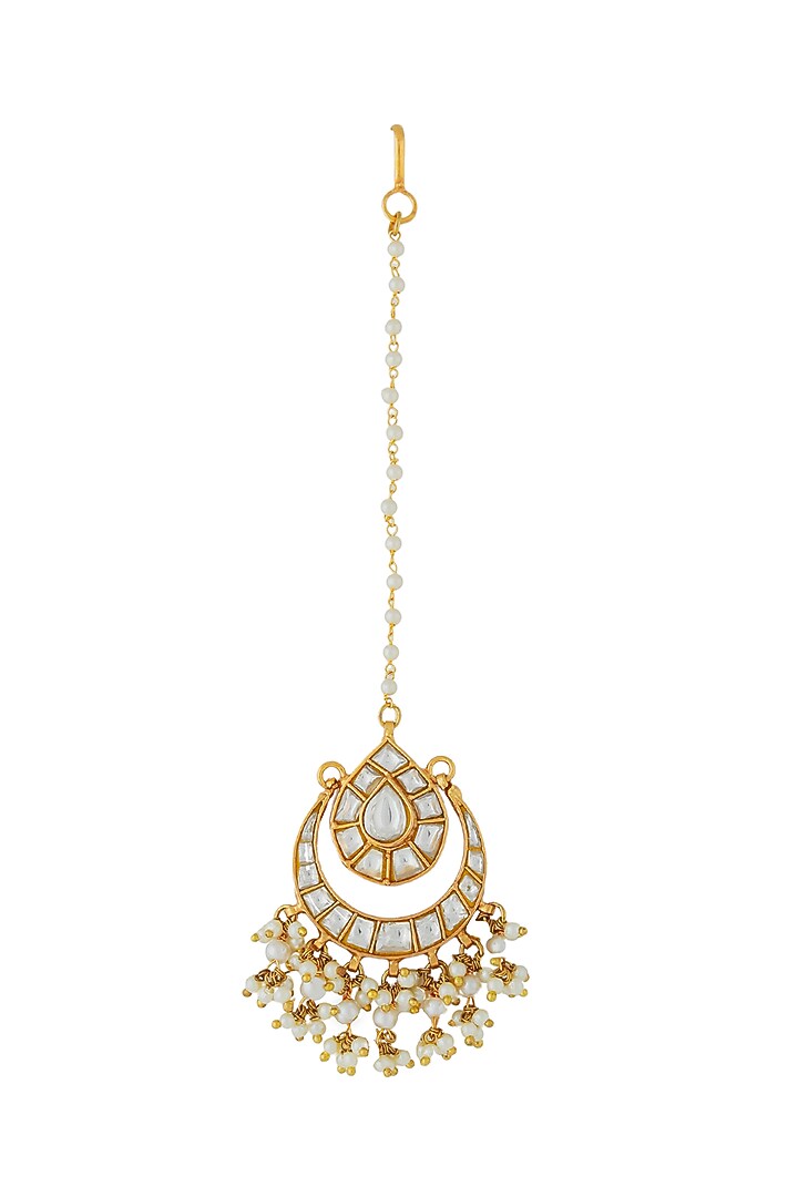 Gold Finish Jadau & Pearl Maangtikka by Riana Jewellery at Pernia's Pop Up Shop