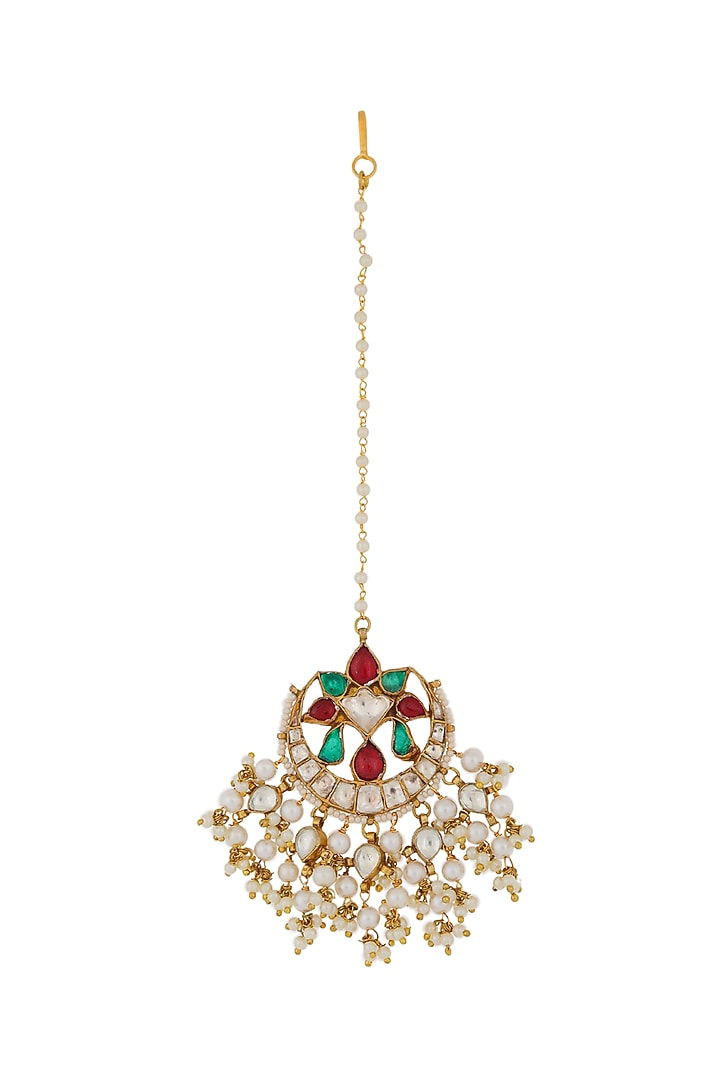 Gold Finish Jadau & Pearl Maangtikka by Riana Jewellery at Pernia's Pop Up Shop