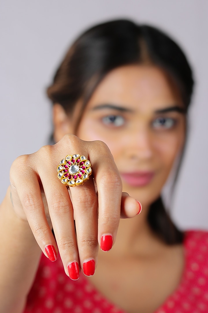 Gold Finish Jadau & Pearl Ring by Riana Jewellery at Pernia's Pop Up Shop