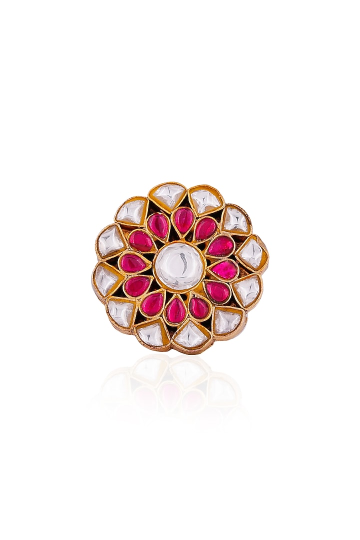 Gold Finish Jadau & Pearl Ring by Riana Jewellery at Pernia's Pop Up Shop