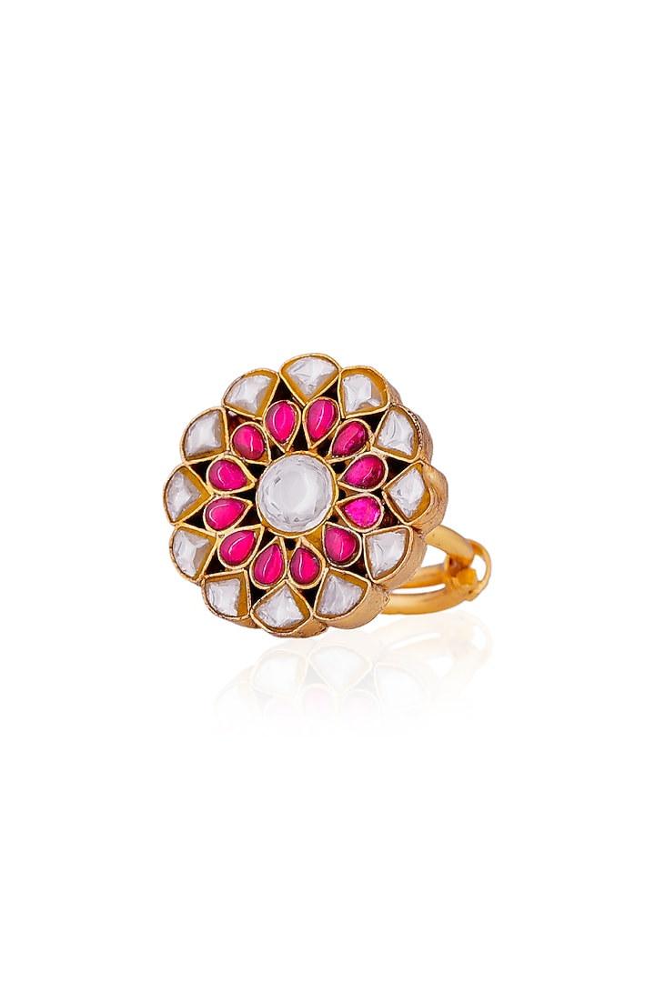 Gold Finish Jadau & Pearl Ring by Riana Jewellery at Pernia's Pop Up Shop