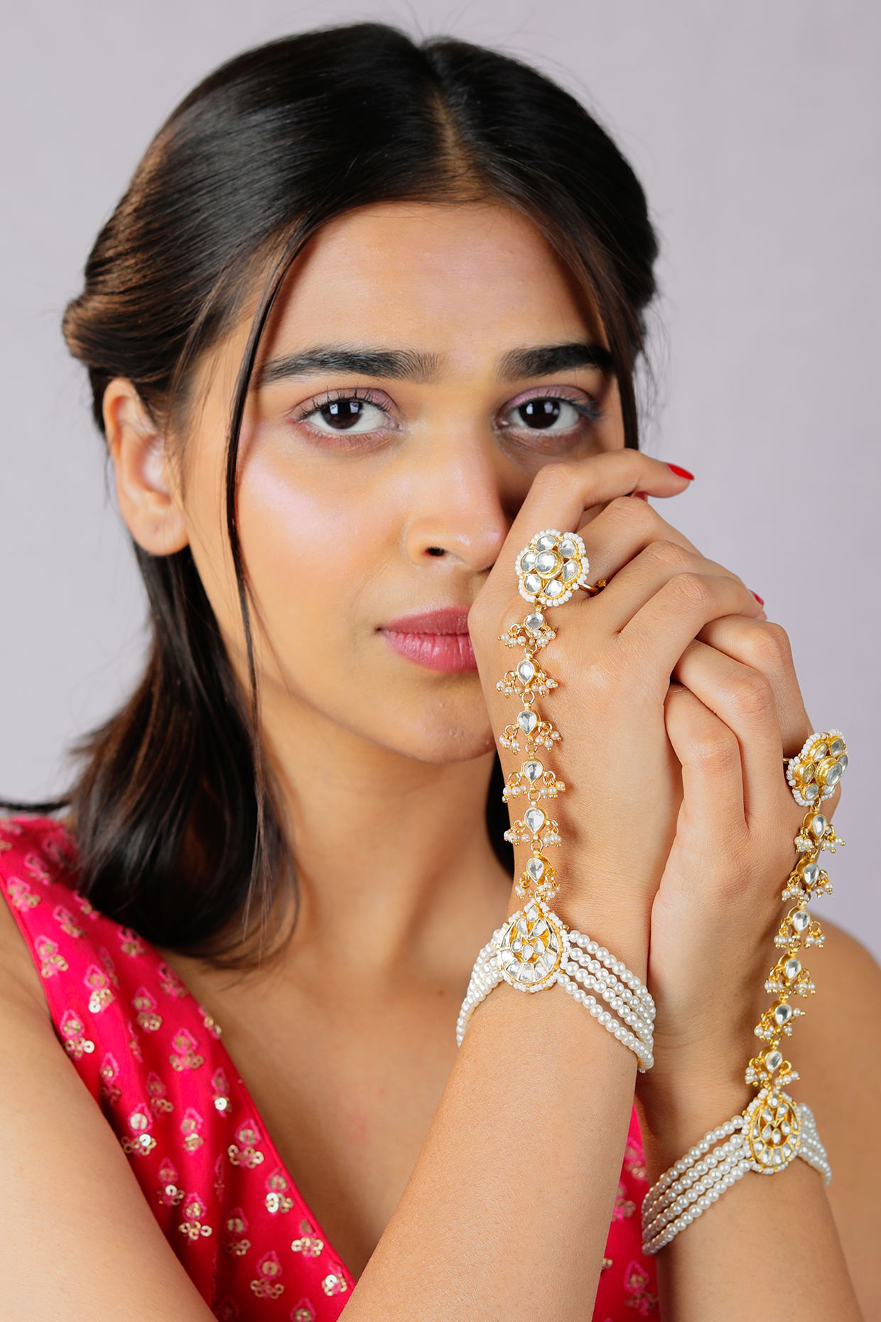Gold Finish Jadau Hathphools (Set of 2) by Riana Jewellery at Pernia's Pop Up Shop