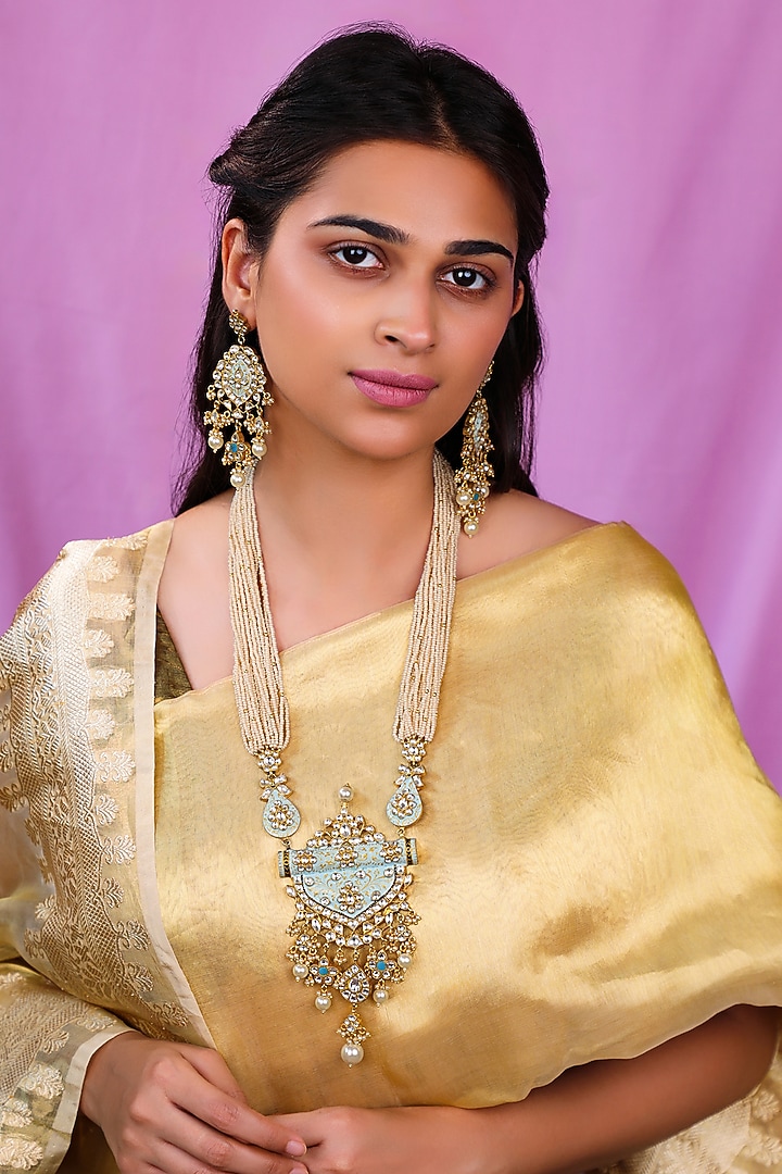 Matte Gold Plated Firozi Blue Meenakari Pendant Necklace Set by Riana Jewellery at Pernia's Pop Up Shop