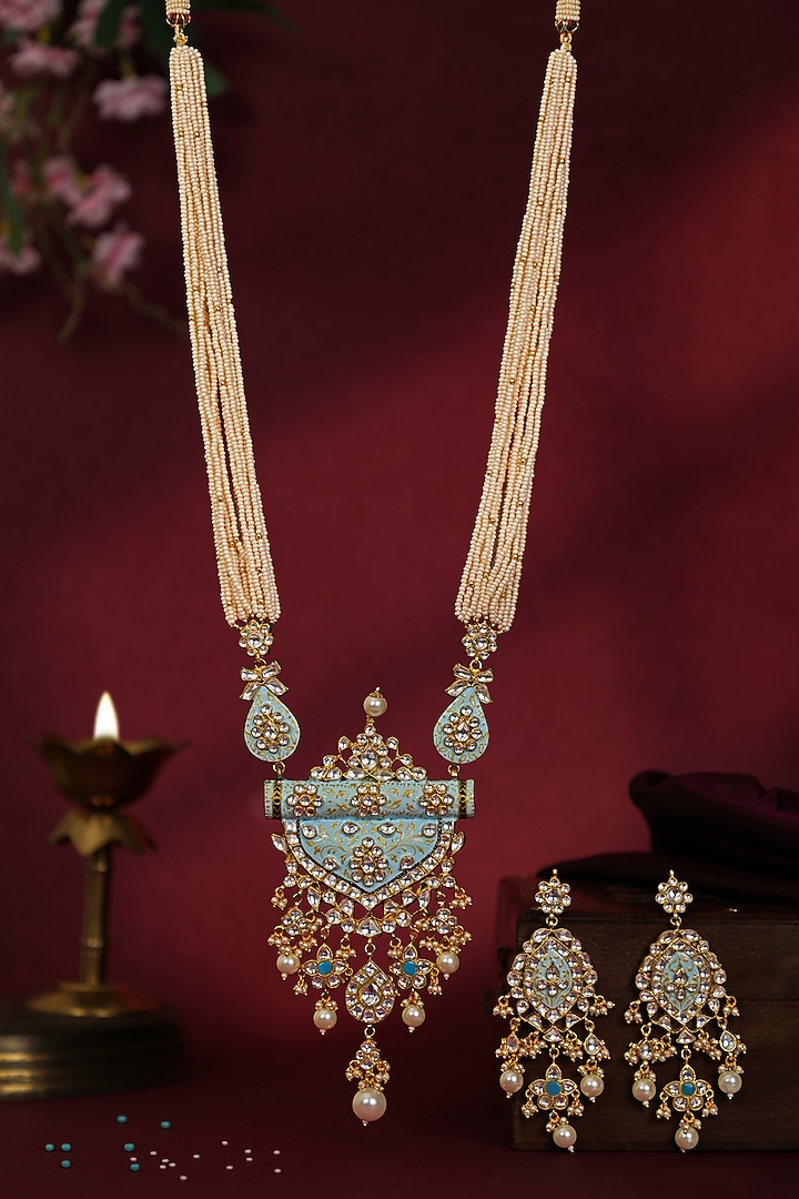 Matte Gold Plated Firozi Blue Meenakari Pendant Necklace Set by Riana Jewellery at Pernia's Pop Up Shop
