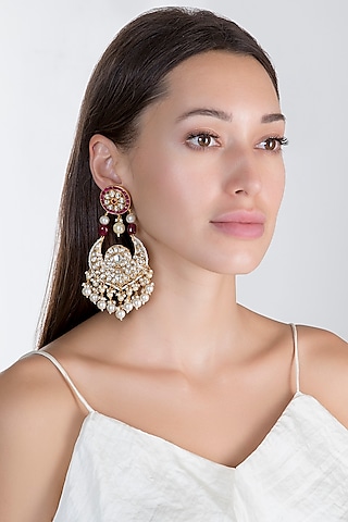 Gold Plated Pearl Chandbali Earrings by Riana Jewellery