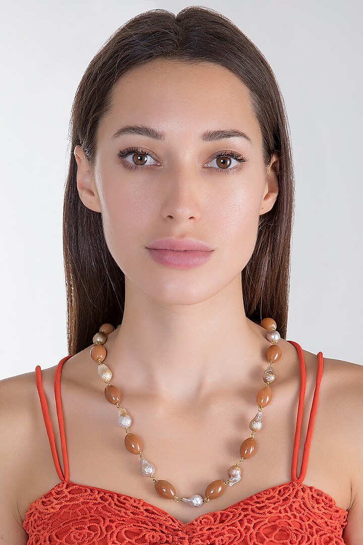 Gold Plated Coral Colored Mala Necklace by Riana Jewellery