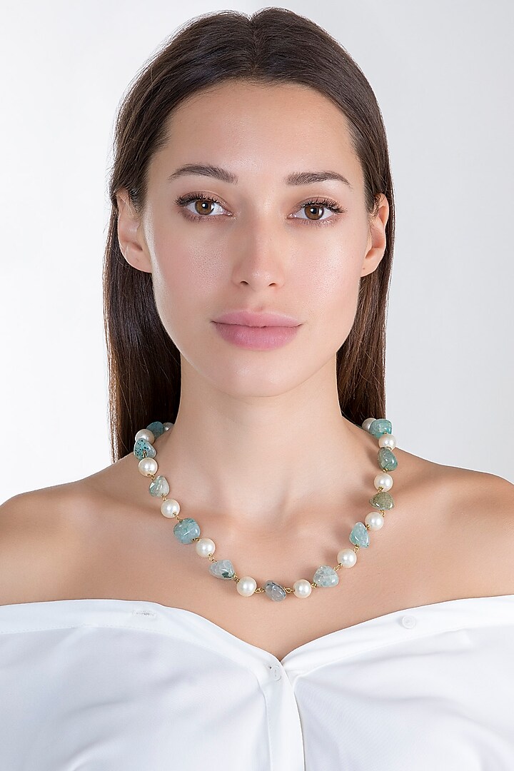 Gold Plated Sea Green & White Mala Necklace by Riana Jewellery