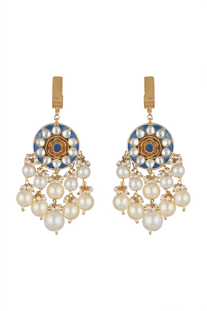 Gold Plated Blue Earrings With Pearl Hangings by Riana Jewellery at Pernia's Pop Up Shop