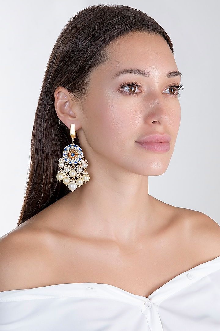 Gold Plated Blue Earrings With Pearl Hangings by Riana Jewellery