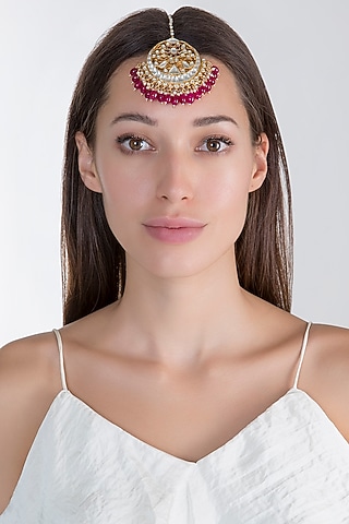 Gold Plated White Jadtar Maang Tikka by Riana Jewellery
