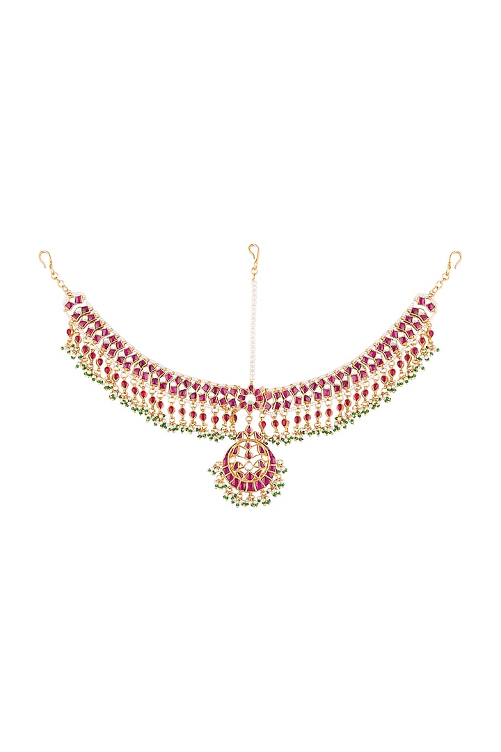 Gold Plated Pink & White Jadtar Mathapatti by Riana Jewellery at Pernia's Pop Up Shop