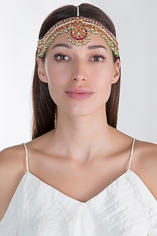 Gold Plated Pink & White Jadtar Mathapatti by Riana Jewellery