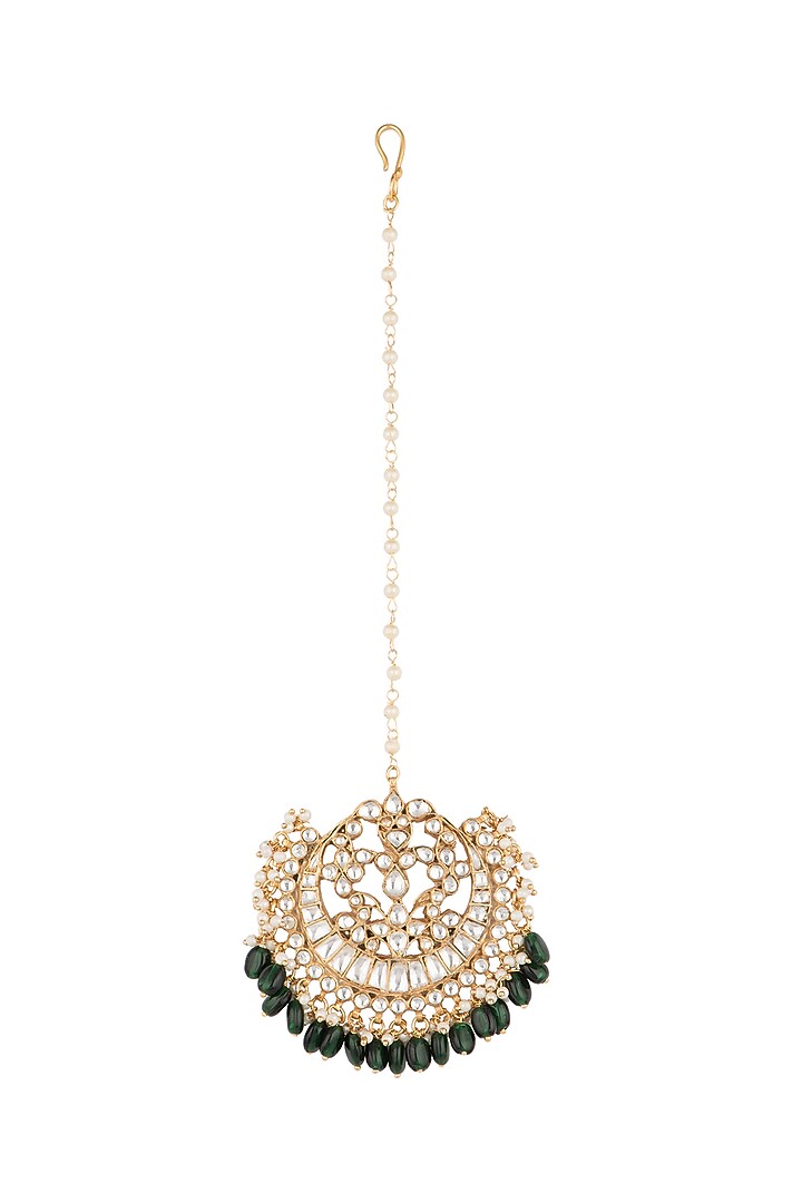 Gold Plated Jadtar Stone & Pearl Maang Tikka by Riana Jewellery at Pernia's Pop Up Shop