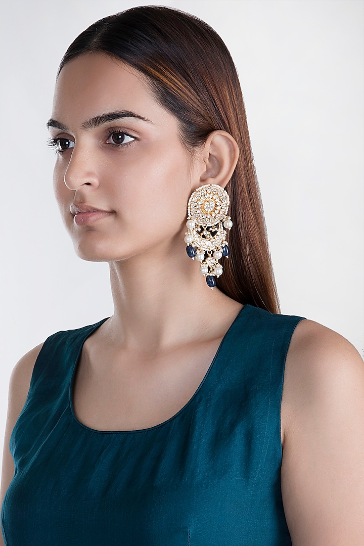 Gold Plated Stone & Pearl Stud Earrings by Riana Jewellery