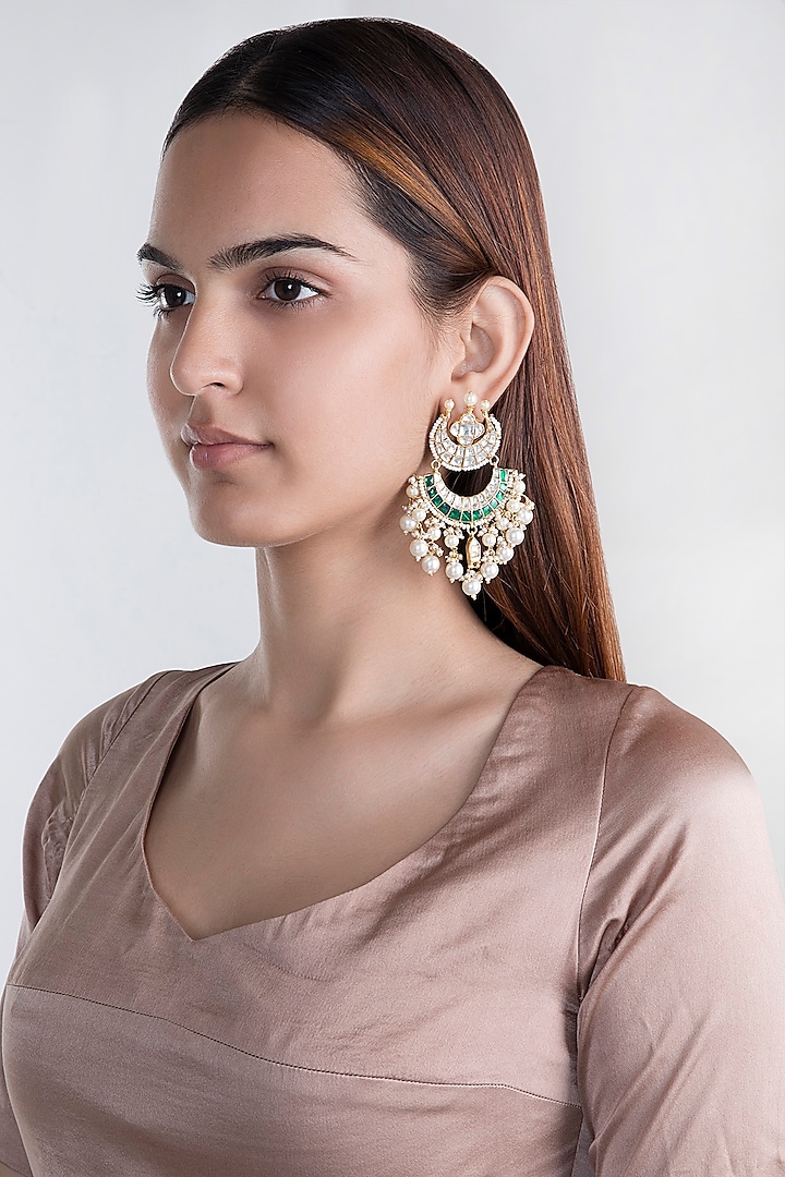 Gold Plated Jadtar Stone Chand Earrings by Riana Jewellery