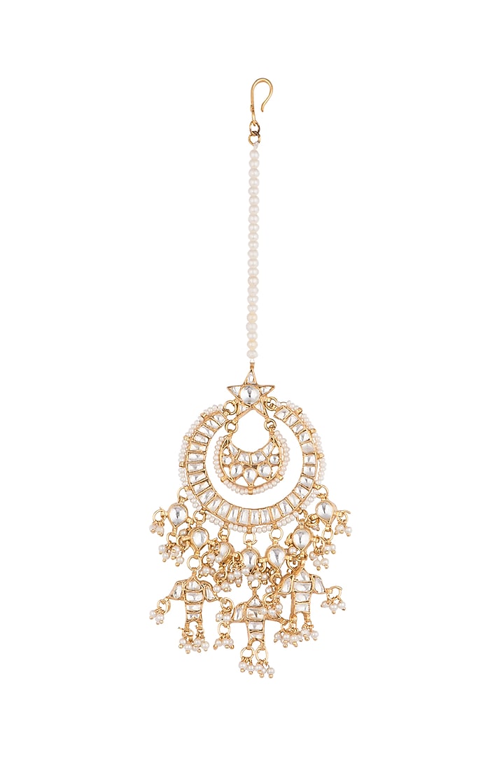 Gold Plated Bead & Pearl Maang Tikka by Riana Jewellery at Pernia's Pop Up Shop