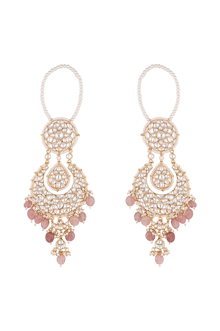 Gold Plated Jadtar Stone Earrings With Chain Design by Riana Jewellery