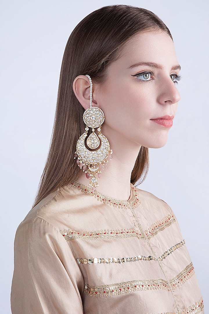 Gold Plated Jadtar Stone Earrings With Chain by Riana Jewellery