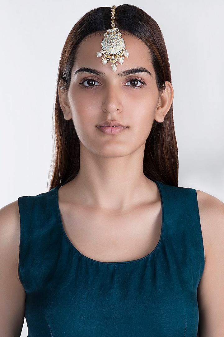 Gold Plated Meenakari Beaded Maang Tikka by Riana Jewellery at Pernia's Pop Up Shop