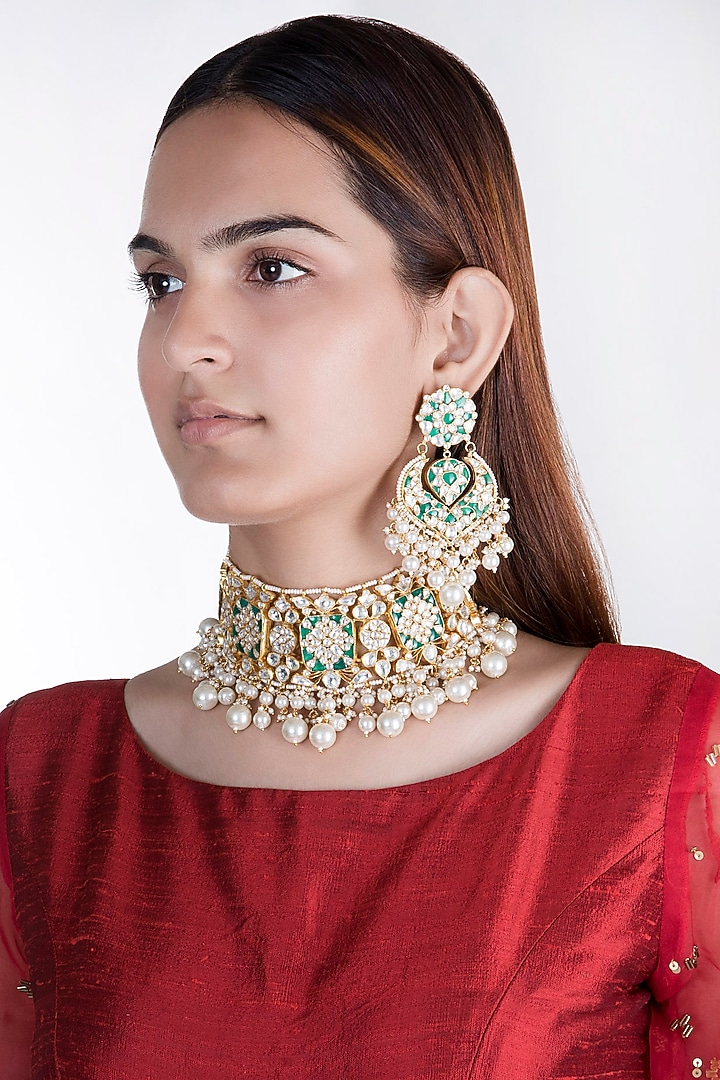 Gold Plated Layered Pearl Choker Necklace Set by Riana Jewellery at Pernia's Pop Up Shop