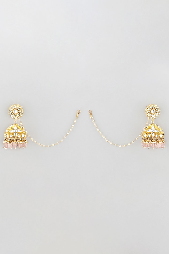 Gold Plated Earrings With Ear Chain by Riana Jewellery