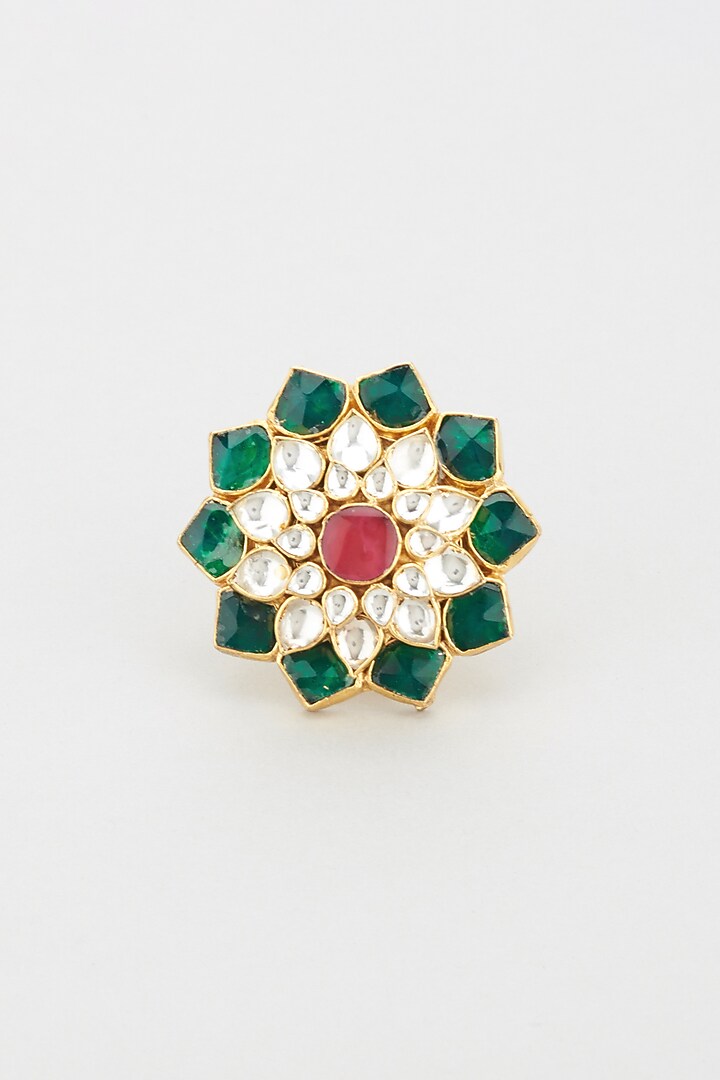 Gold Plated Green Jadtar Stone Floral Ring by Riana Jewellery at Pernia's Pop Up Shop