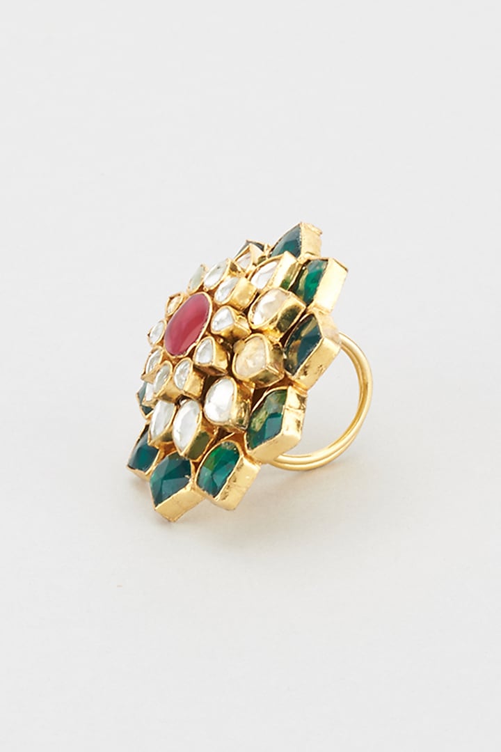 Gold Plated Green Jadtar Stone Floral Ring by Riana Jewellery