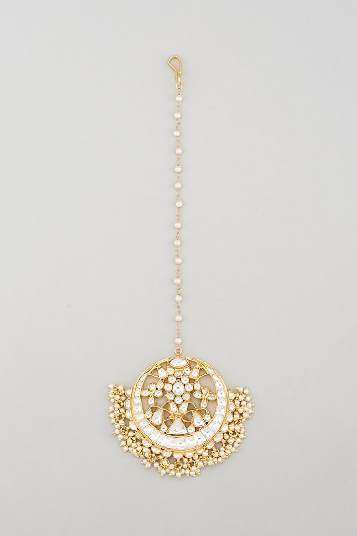 Gold Plated White Jadtar Stone Maang Tikka by Riana Jewellery