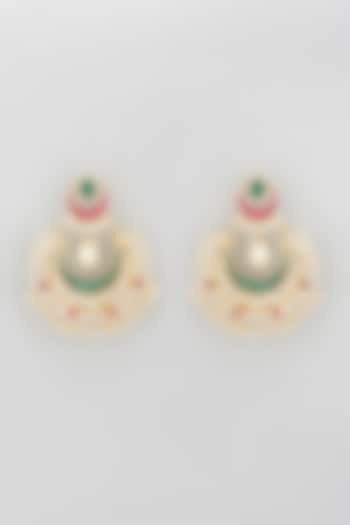 Gold Plated Pink & Green Jadtar Stone Chandbali Earrings by Riana Jewellery
