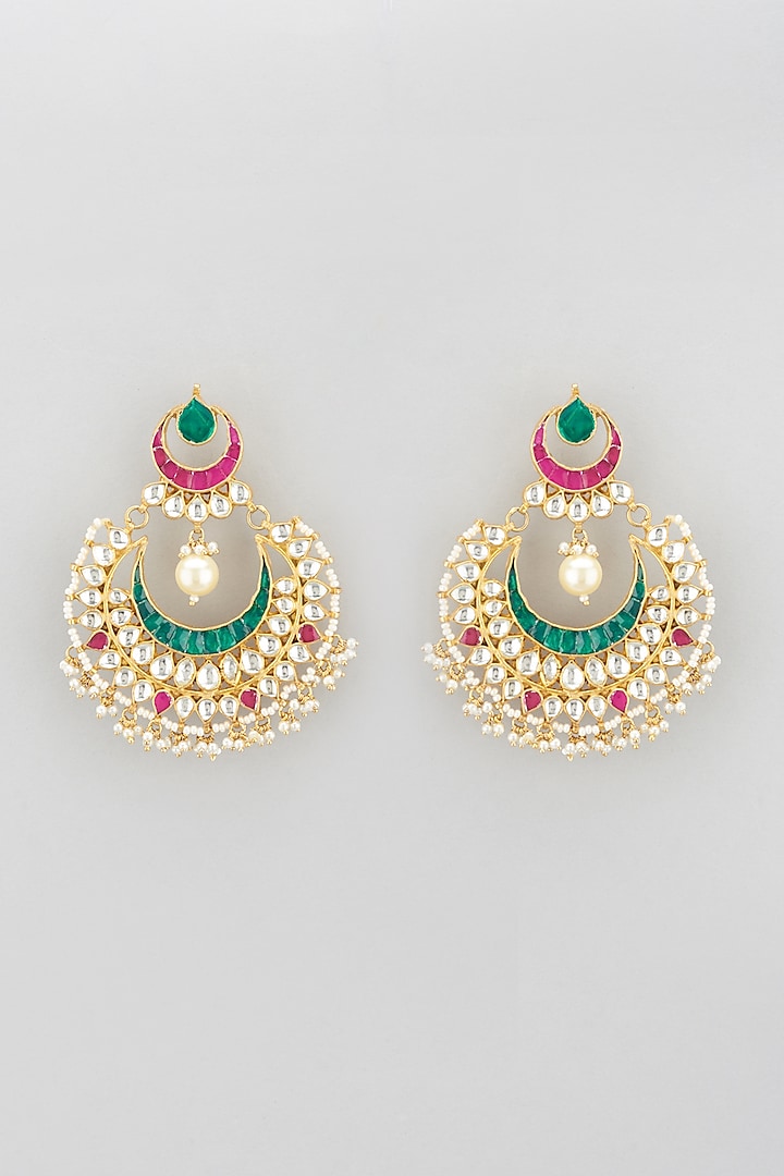 Gold Plated Pink & Green Jadtar Stone Chandbali Earrings by Riana Jewellery