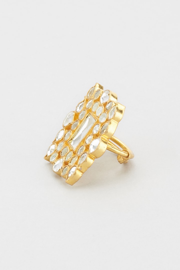 Gold Plated Jadtar Stone Square Ring by Riana Jewellery
