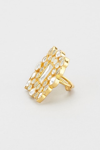 Gold Plated Jadtar Stone Square Ring by Riana Jewellery