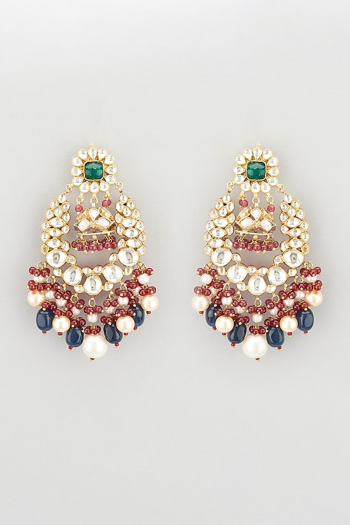 Gold Plated Multi-Colored Jadtar Stone Long Earrings by Riana Jewellery