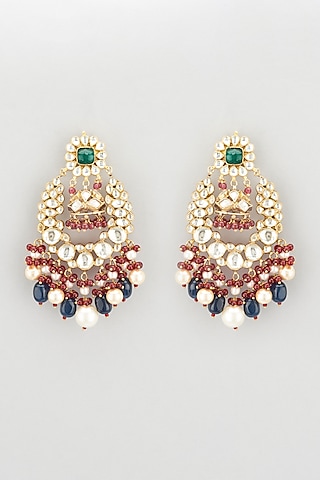 Gold Plated Multi-Colored Jadtar Stone Long Earrings by Riana Jewellery