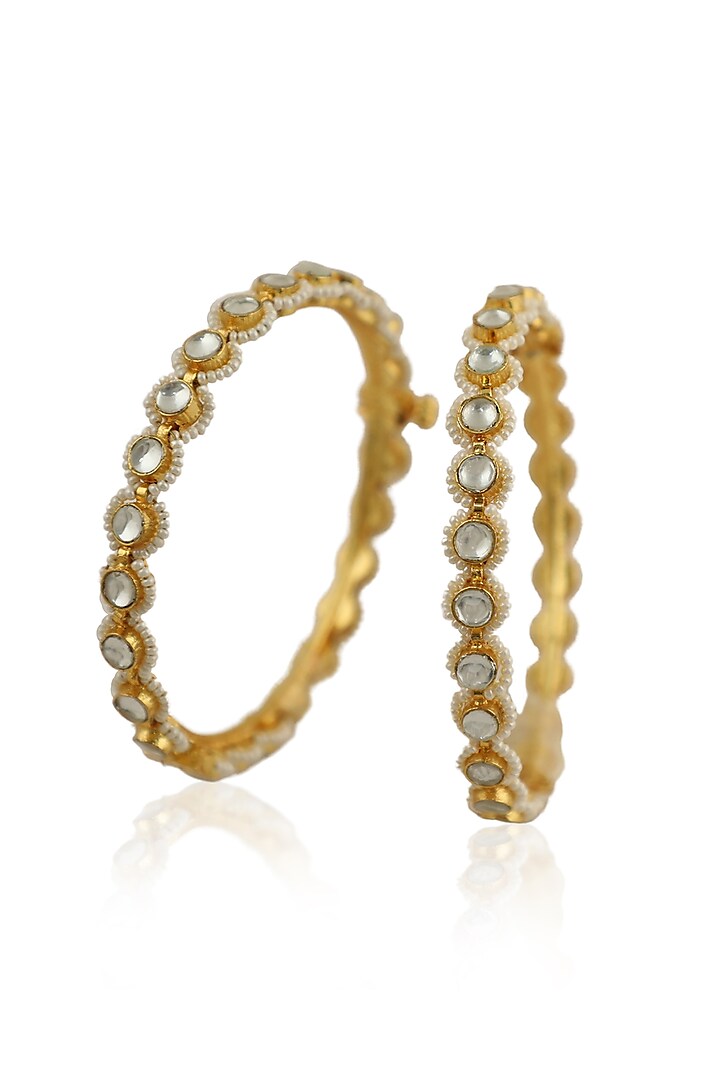 Gold Plated Moti Openable Bangles (Set of 2) by Riana Jewellery