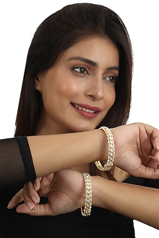 Gold Plated Openable Bangles With Jadtar Stones (Set of 2) by Riana Jewellery