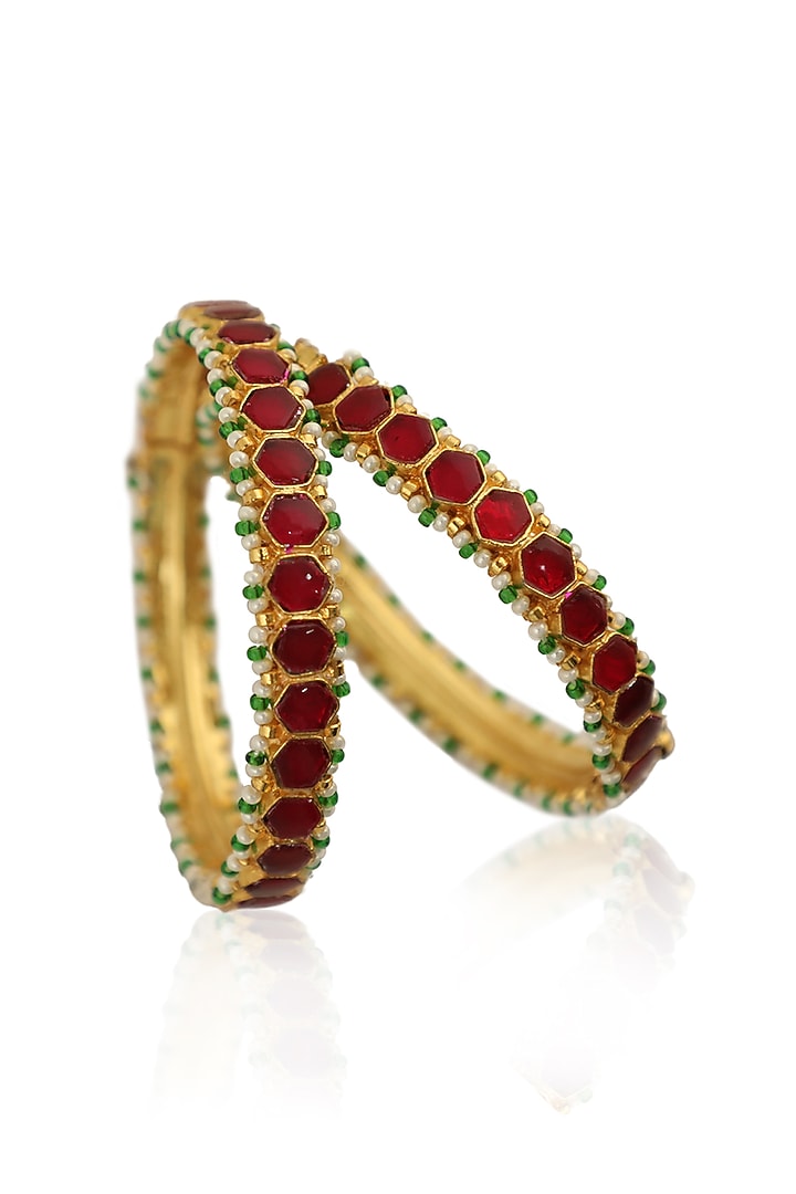 Gold Plated Pink Jadtar Stones Openable Bangles (Set of 2) by Riana Jewellery at Pernia's Pop Up Shop
