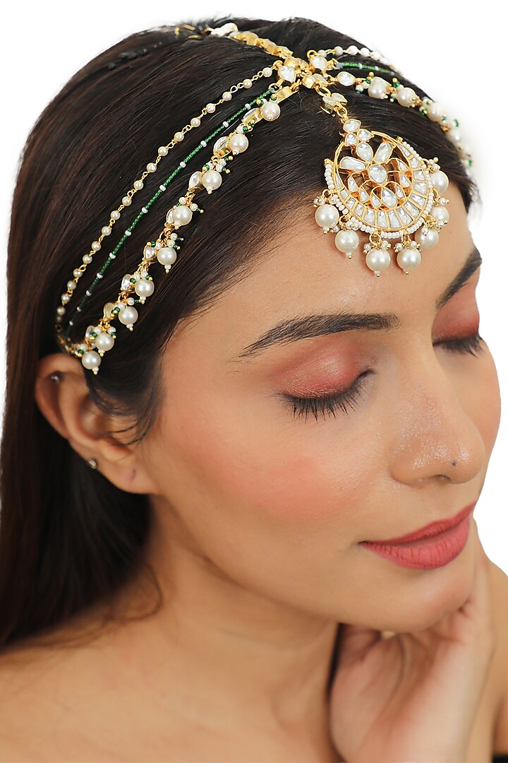 Gold Plated Pearls Matha Patti by Riana Jewellery at Pernia's Pop Up Shop