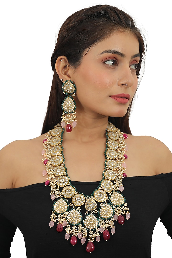 Gold Plated White Jadtar Stones Necklace Set by Riana Jewellery at Pernia's Pop Up Shop