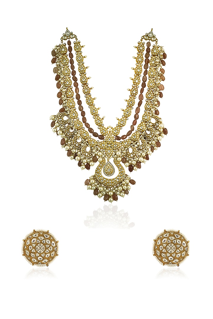 Gold Plated Pink Beaded Necklace Set by Riana Jewellery at Pernia's Pop Up Shop