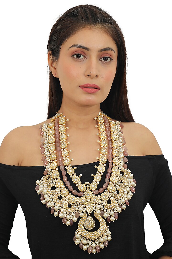 Gold Plated Pink Beaded Necklace Set by Riana Jewellery at Pernia's Pop Up Shop