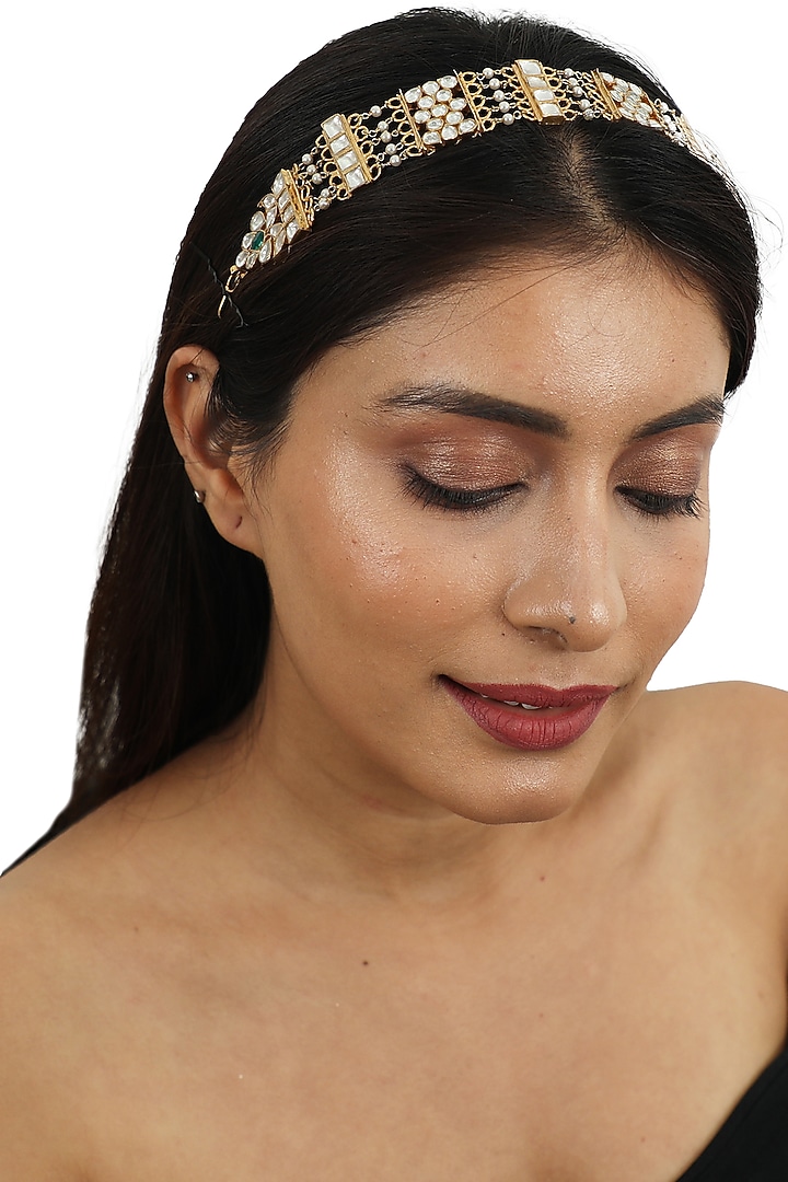Gold Plated White & Green Stones Hairband by Riana Jewellery at Pernia's Pop Up Shop