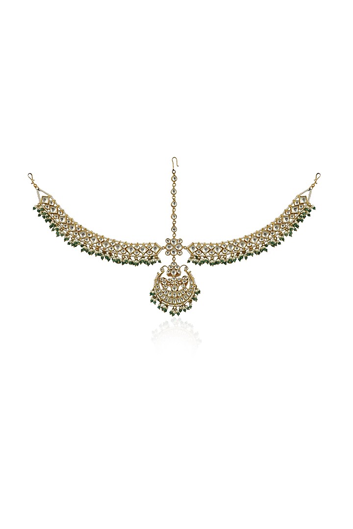 Gold Plated Matha Patti With Sea Green Hangings by Riana Jewellery at Pernia's Pop Up Shop