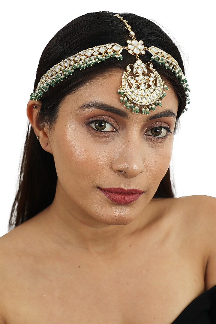 Gold Plated Matha Patti With Sea Green Hangings by Riana Jewellery at Pernia's Pop Up Shop