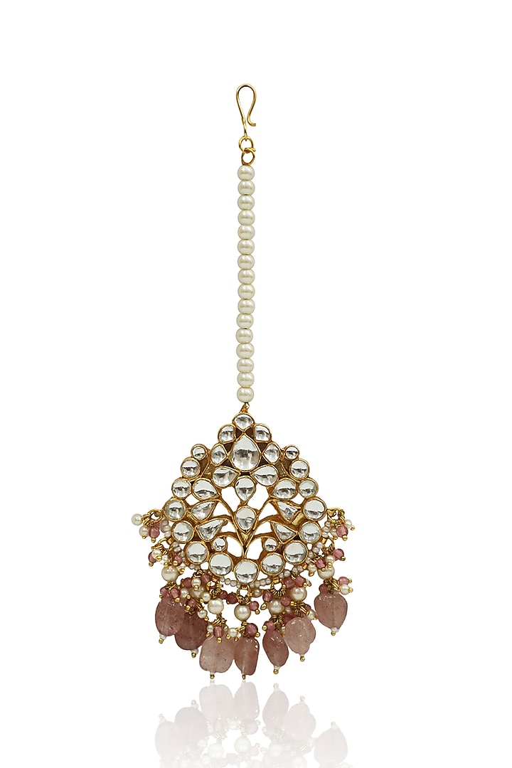 Gold Plated Pink Jadtar Beaded Maang Tikka by Riana Jewellery at Pernia's Pop Up Shop