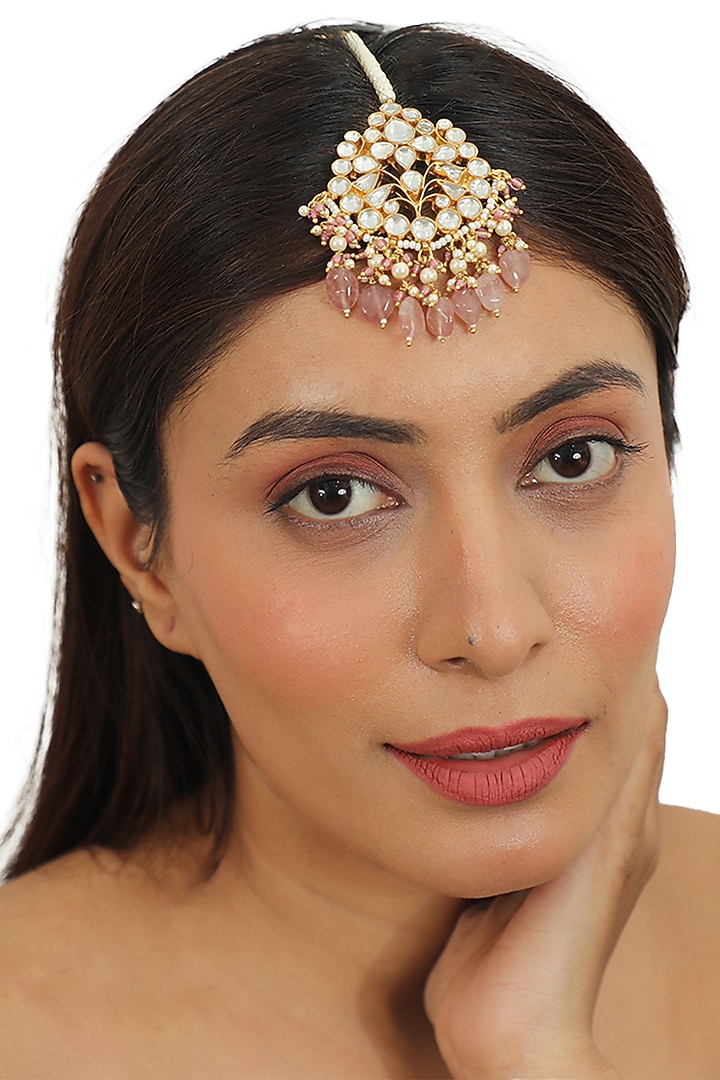 Gold Plated Pink Jadtar Beaded Maang Tikka by Riana Jewellery at Pernia's Pop Up Shop