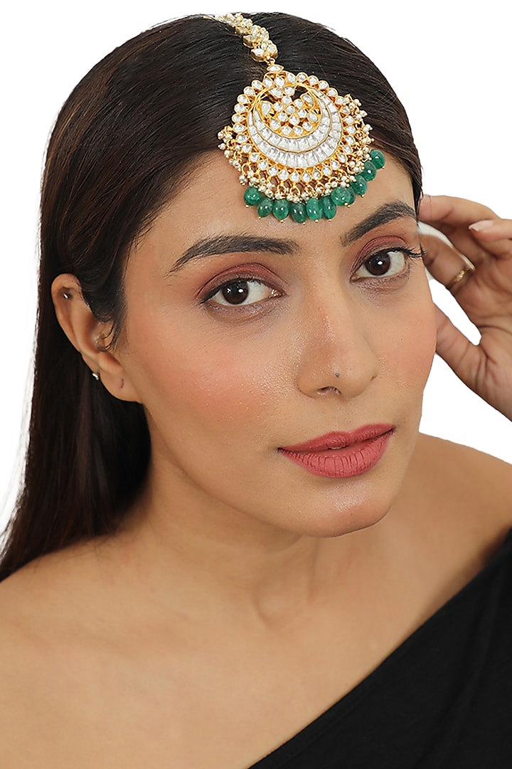 Gold Plated Jadtar Stones Maang Tikka by Riana Jewellery