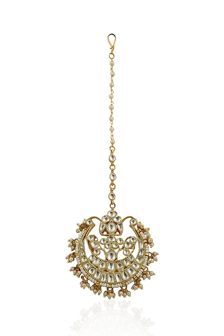 Gold Plated Maang Tikka With White Jadtar Stones by Riana Jewellery at Pernia's Pop Up Shop