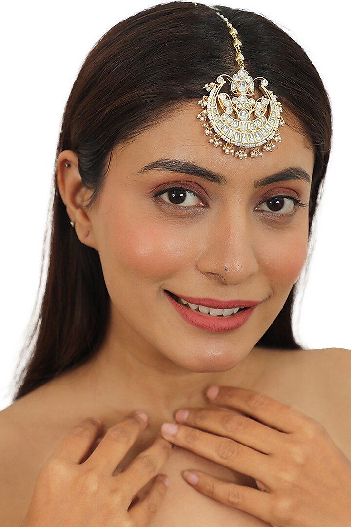 Gold Plated Maang Tikka With White Jadtar Stones by Riana Jewellery