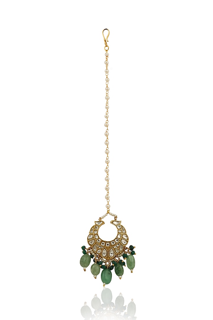 Gold Plated Sea Green Jadtar Beaded Maang Tikka by Riana Jewellery at Pernia's Pop Up Shop
